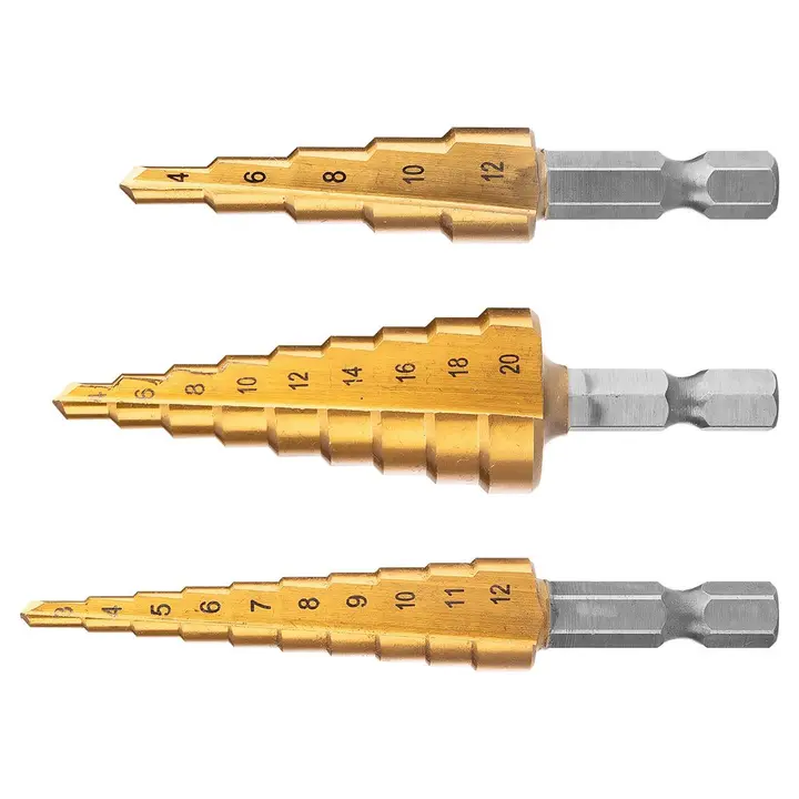 HSS TiN kademeli matkap ucu seti, 3-20 mm, Hex, 3 adet