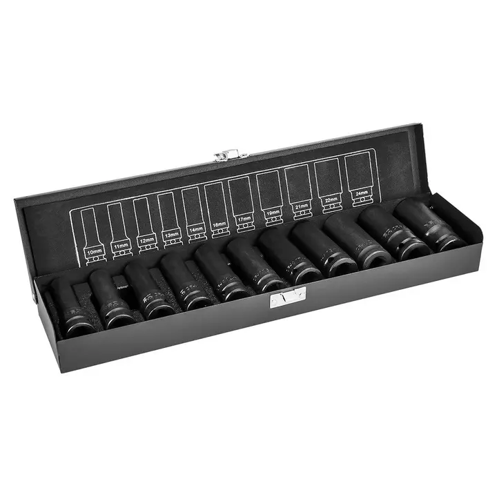 Darbeli lokma 1/2, 11 parça set, ölçüler: 10, 11, 12, 13, 14, 16, 17, 19, 21, 22, 24 mm