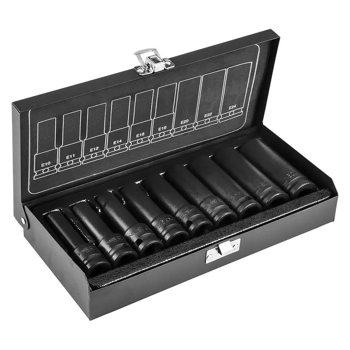 Darbeli lokma seti 1/2, E Torx, uzun, 9 parça (E10, 11, 12, 14, 16, 18, 20, 22, 24) CR-MO