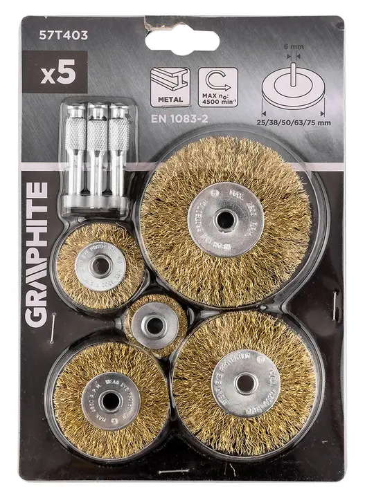 Tel çark fırçalar, kıvrımlı tel, pirinç kaplı, 25, 38, 50, 63, 75 mm, 5 adet