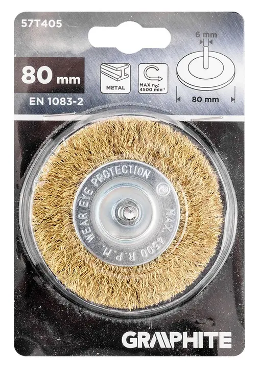 Tel çark fırça 80 mm, kıvrımlı tel, pirinç kaplı, 6 mm saplı