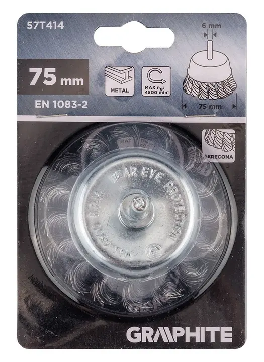 Çanak tel fırça 75 mm, bükümlü çelik tel, 6 mm saplı