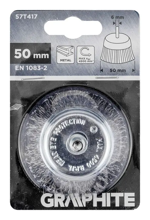 Çanak tel fırça 50 mm, kıvrımlı çelik tel, 6 mm saplı