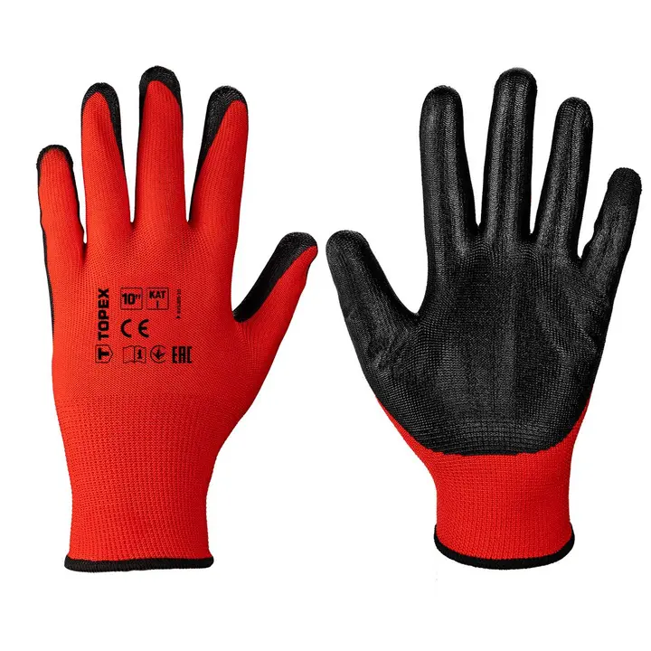 İş eldiveni, nitril kaplı polyester (düz), kat.1, beden