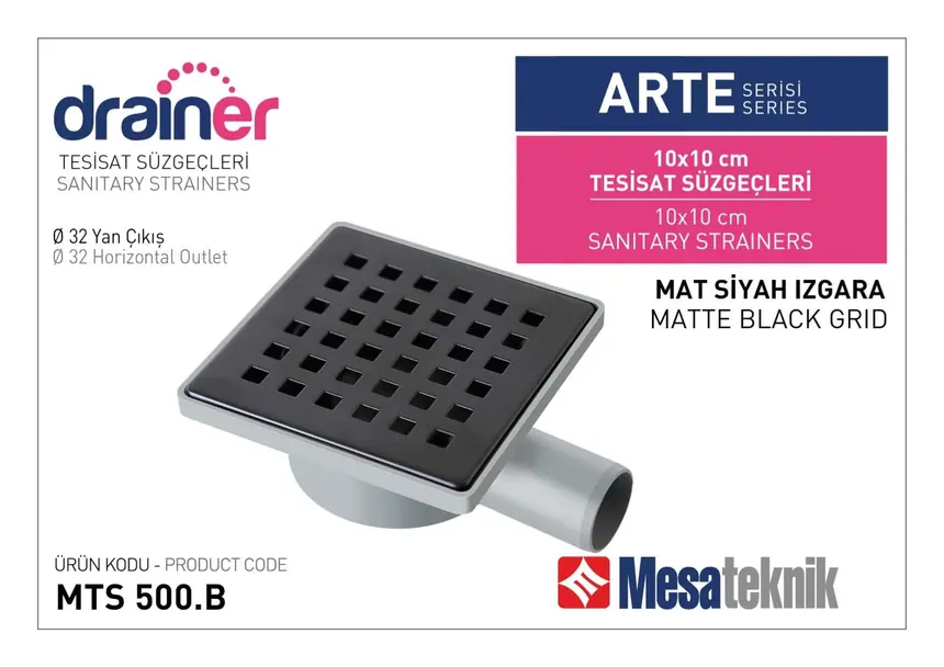 MTS 500B Arte Serisi 10 cm Tesisat Süzgeci Mat Siyah Izgara