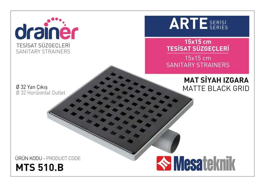 MTS 510B Arte Serisi 15 cm Tesisat Süzgeci Mat Siyah Izgara